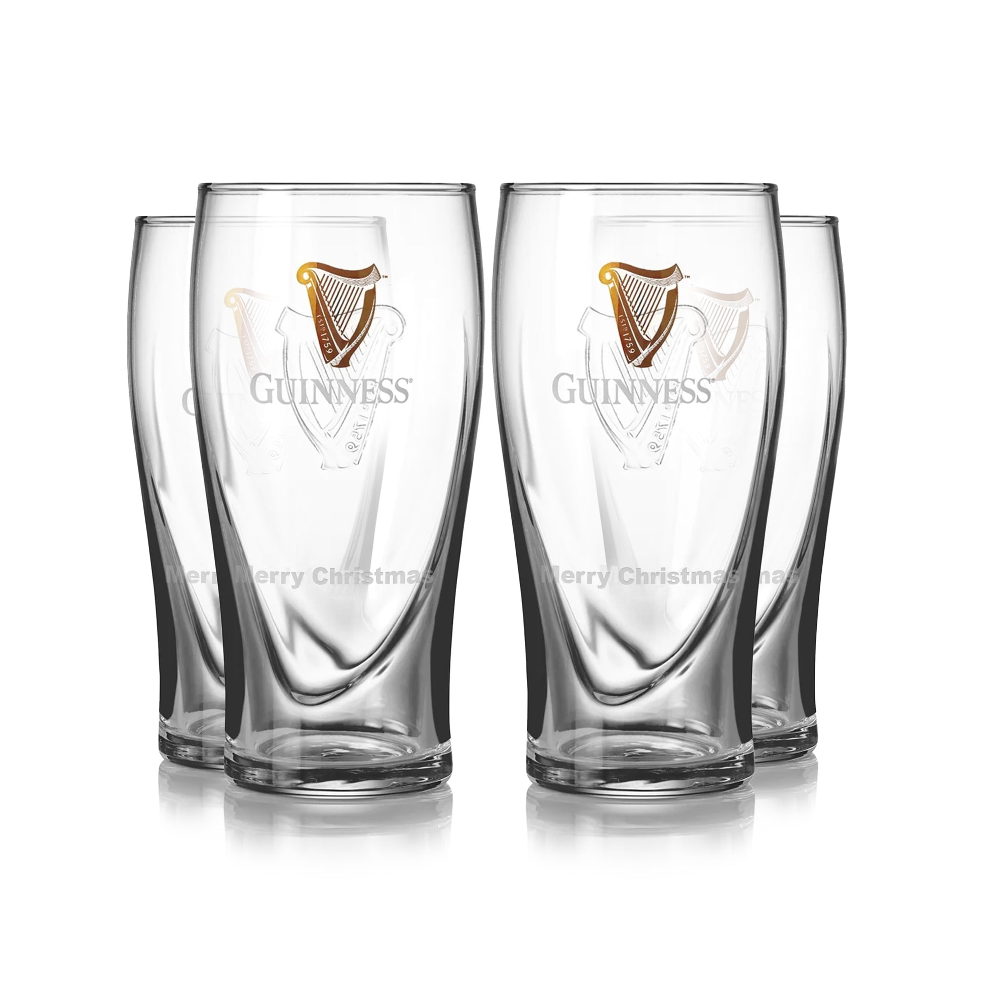 The Guinness Pint Glass 4 Pack showcases the classic harp design and iconic logo, ideal for enjoying your favorite stout.