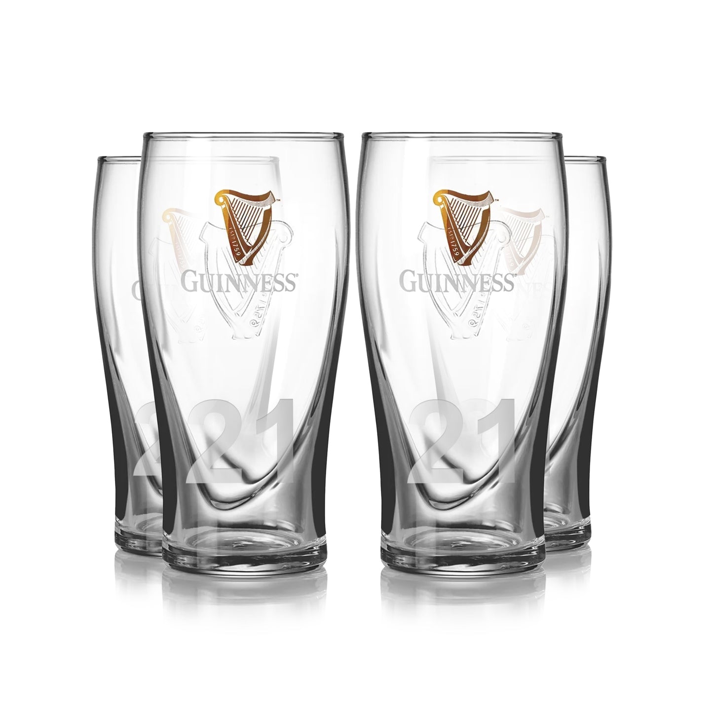 The Guinness Pint Glass 4 Pack includes four clear glasses, each adorned with the iconic Guinness logo and harp emblem. The number "21" is etched near the base of each glass.