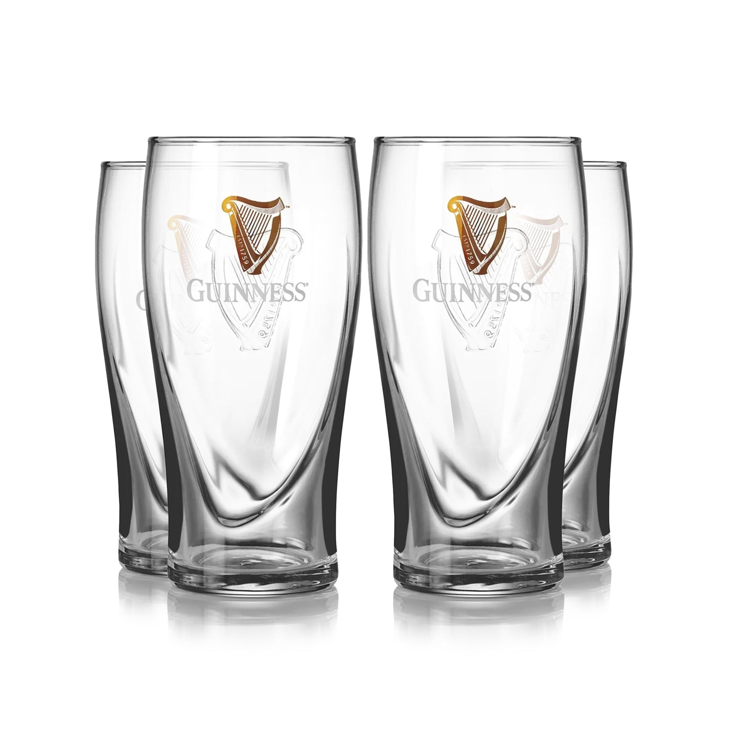 The Guinness Pint Glass 4 Pack, adorned with the iconic logo and harp emblem, is arranged in a square on a white background. These glasses, by Guinness, are perfect for a home bar gift with their sophisticated embossed design.