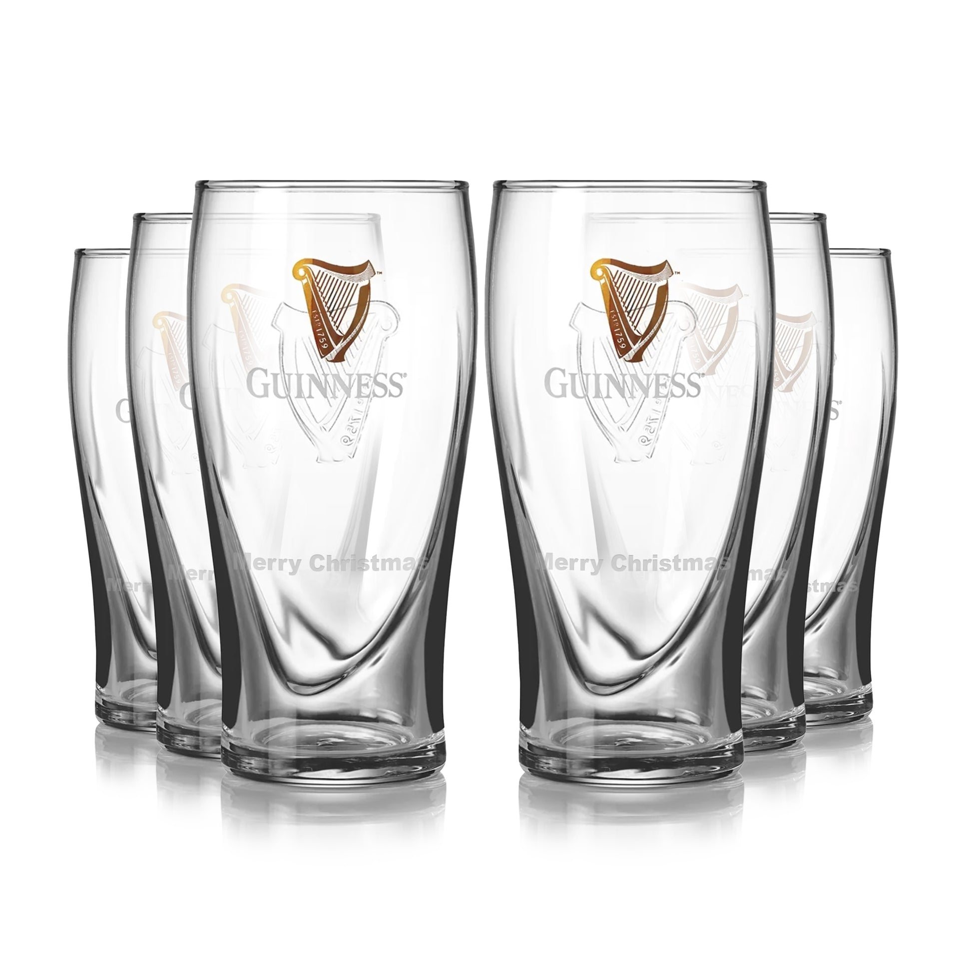 A pack of six Guinness Pint Glasses featuring the iconic logo and harp design.