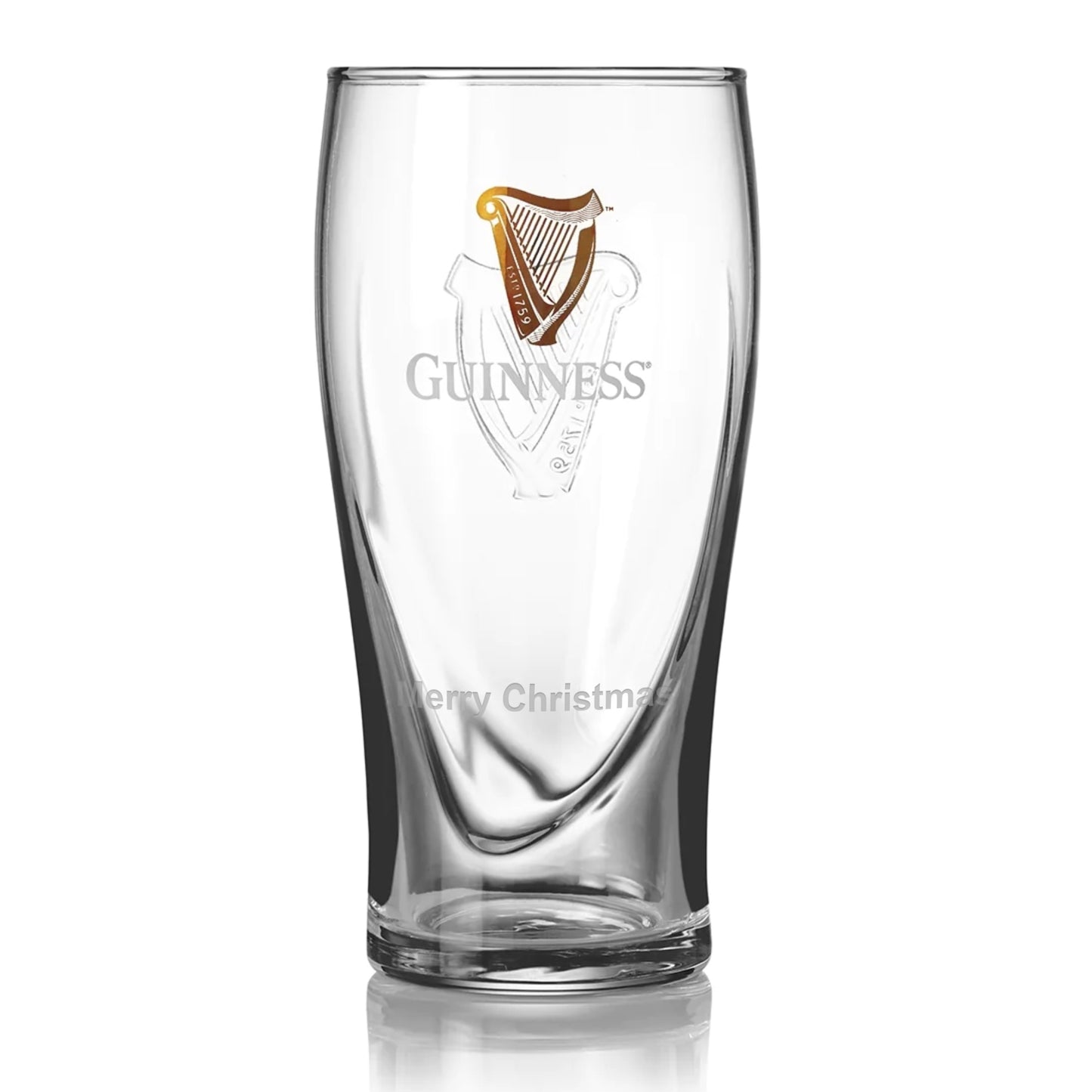 The Guinness Pint Glass by Guinness features the iconic gold harp logo on the front and "Merry Christmas" engraved at the bottom, adding a festive touch.