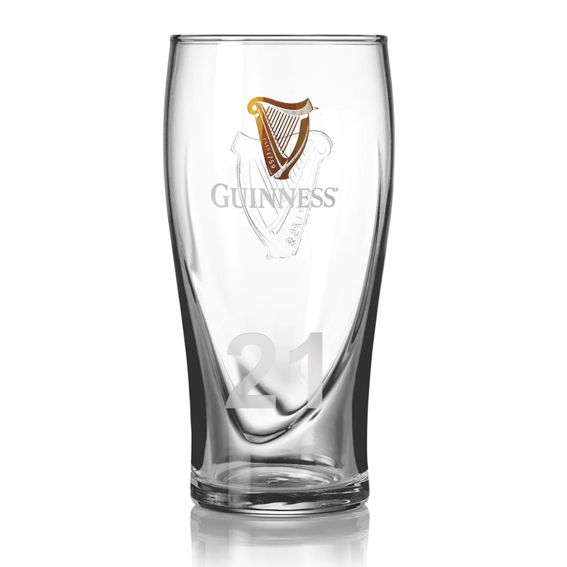 The Guinness Pint Glass, by Guinness, features a clear design with the iconic harp logo and a golden harp symbol. A frosted "21" near the base adds sophistication to this classic.