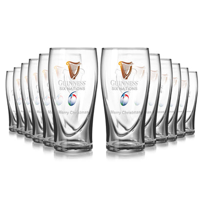 The Guinness Webstore US offers a 12-pack of Six Nations pint glasses, each with a "Merry Christmas" message—ideal for rugby fans to celebrate the season in style.
