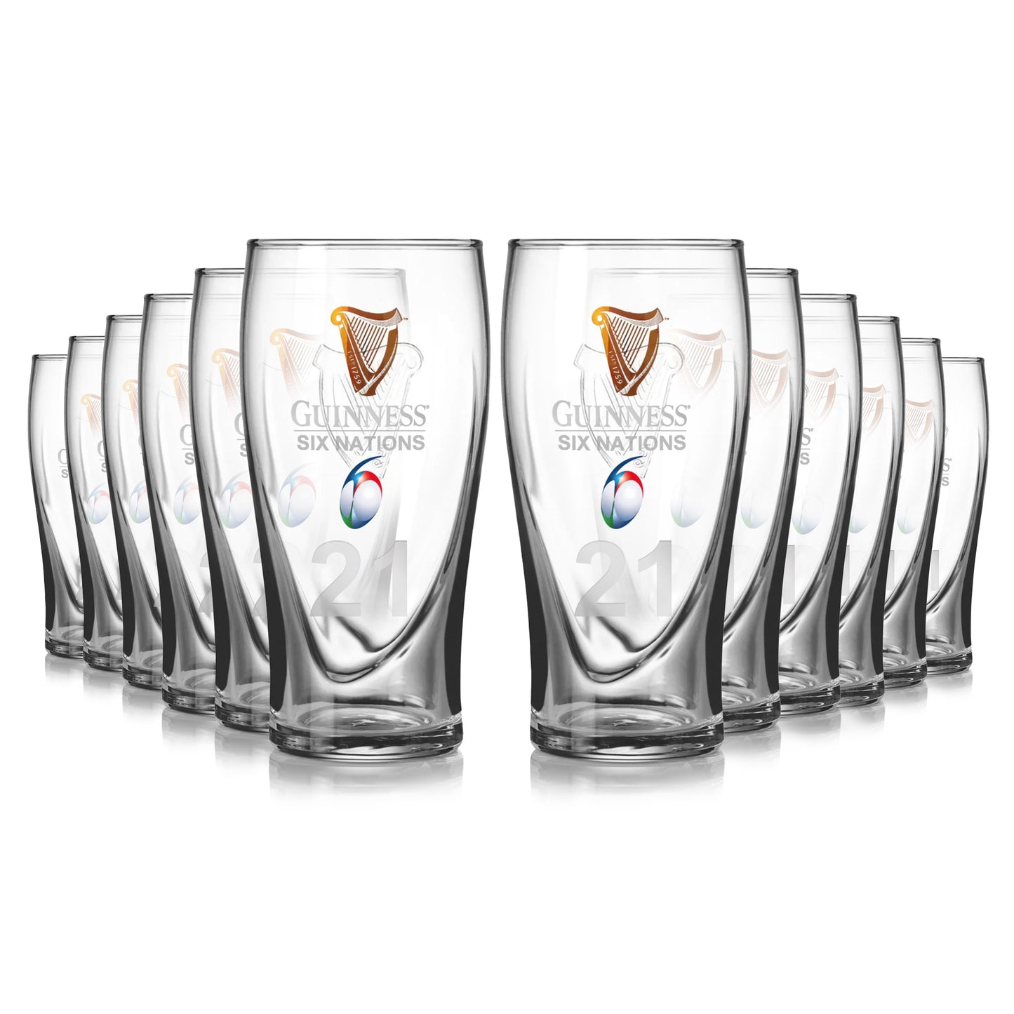Celebrate the Six Nations with the Guinness Six Nations Pint Glass - 12 Pack from Guinness Webstore US, featuring clear glasses with the official logo and number 21 printed on each.
