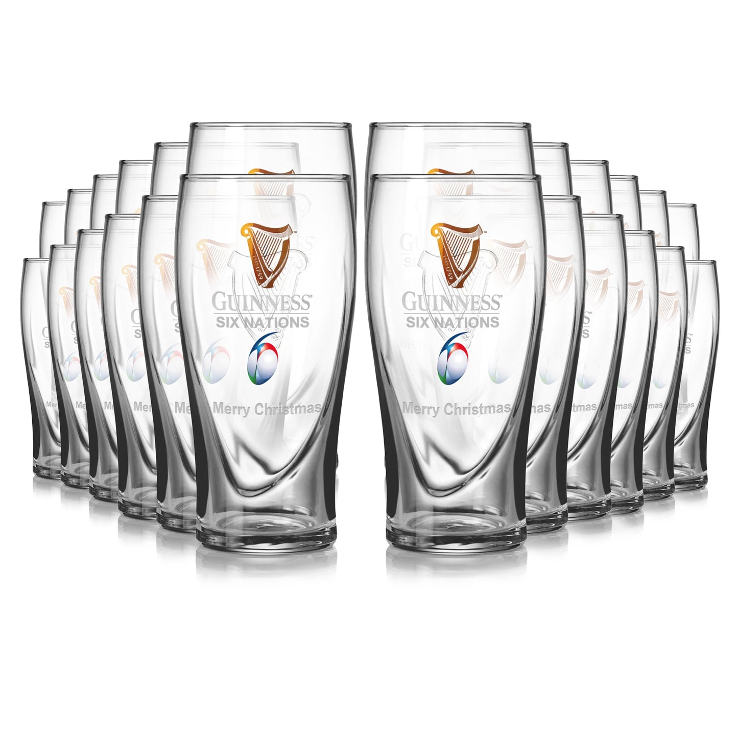 A 24-pack of Guinness Six Nations Pint Glasses from Guinness Webstore US, each with the tournament logo and "Merry Christmas"—an ideal festive gift for rugby fans.