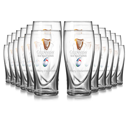 A 24-pack of Guinness Six Nations Pint Glasses from Guinness Webstore US, each with the tournament logo and "Merry Christmas"—an ideal festive gift for rugby fans.
