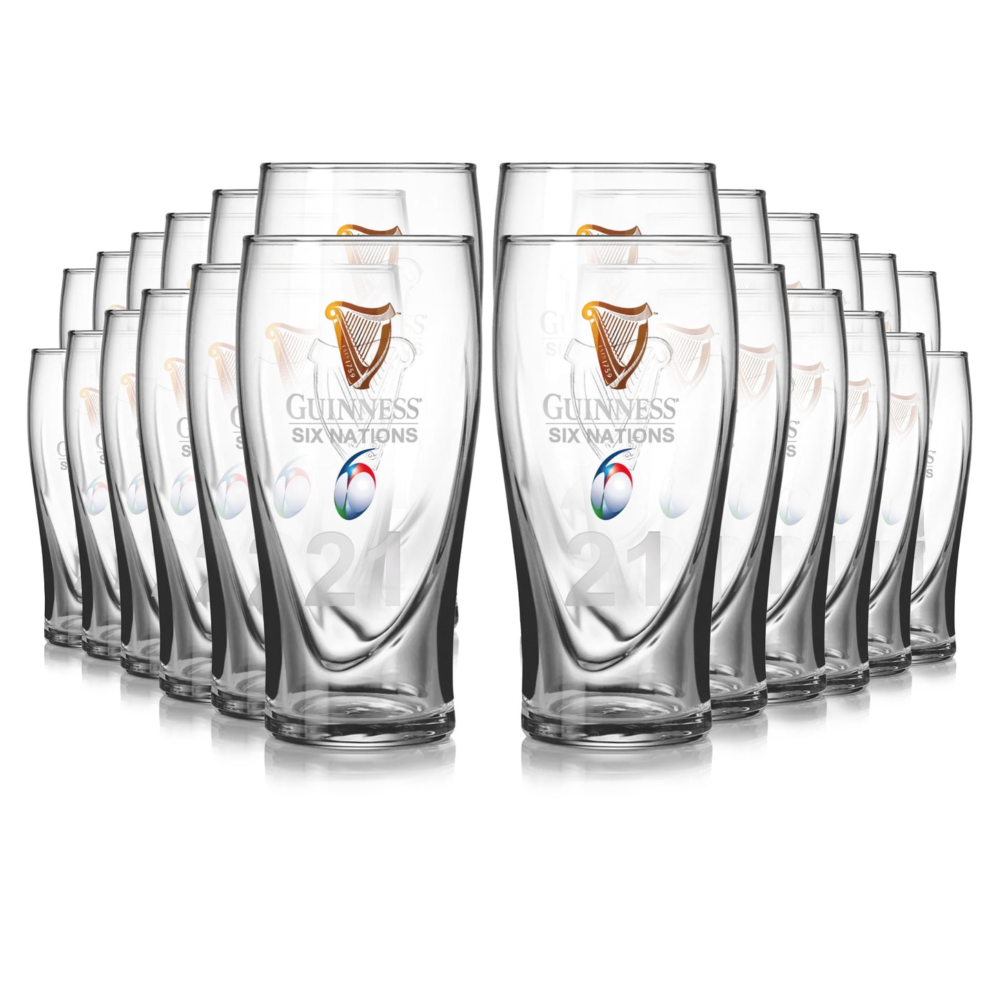 The Guinness Six Nations Pint Glass - 24 Pack from Guinness Webstore US features clear glasses with Six Nations logos and a rugby ball graphic—ideal for celebrating the rugby season with friends.