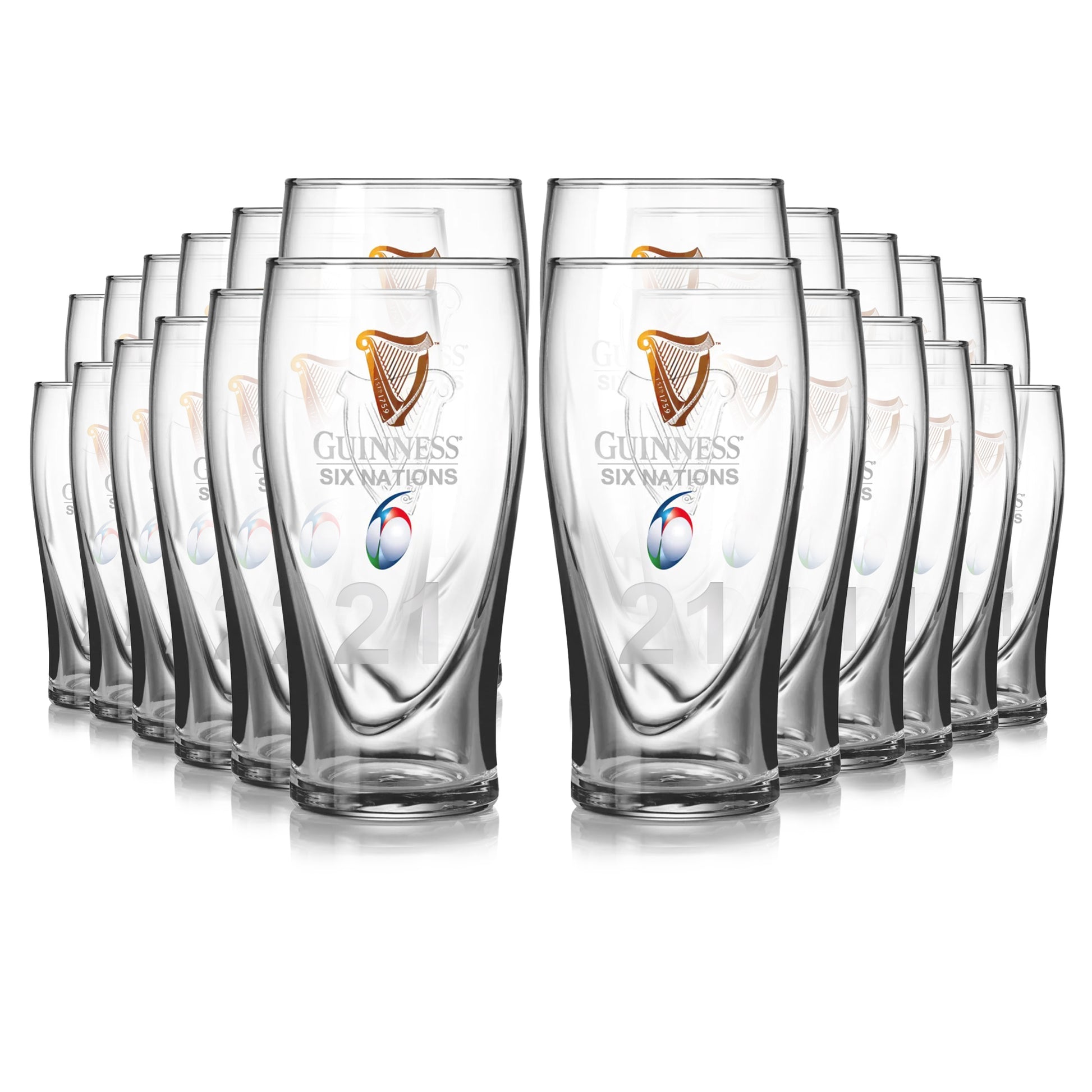 The Guinness Six Nations Pint Glass - 24 Pack from Guinness Webstore US features clear glasses with Six Nations logos and a rugby ball graphic—ideal for celebrating the rugby season with friends.