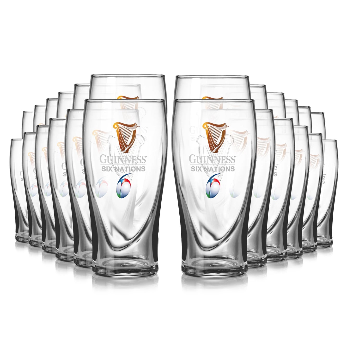 A 24-pack of clear Guinness Six Nations pint glasses from Guinness Webstore US, arranged in four staggered rows on a white background—ideal for any rugby enthusiast.