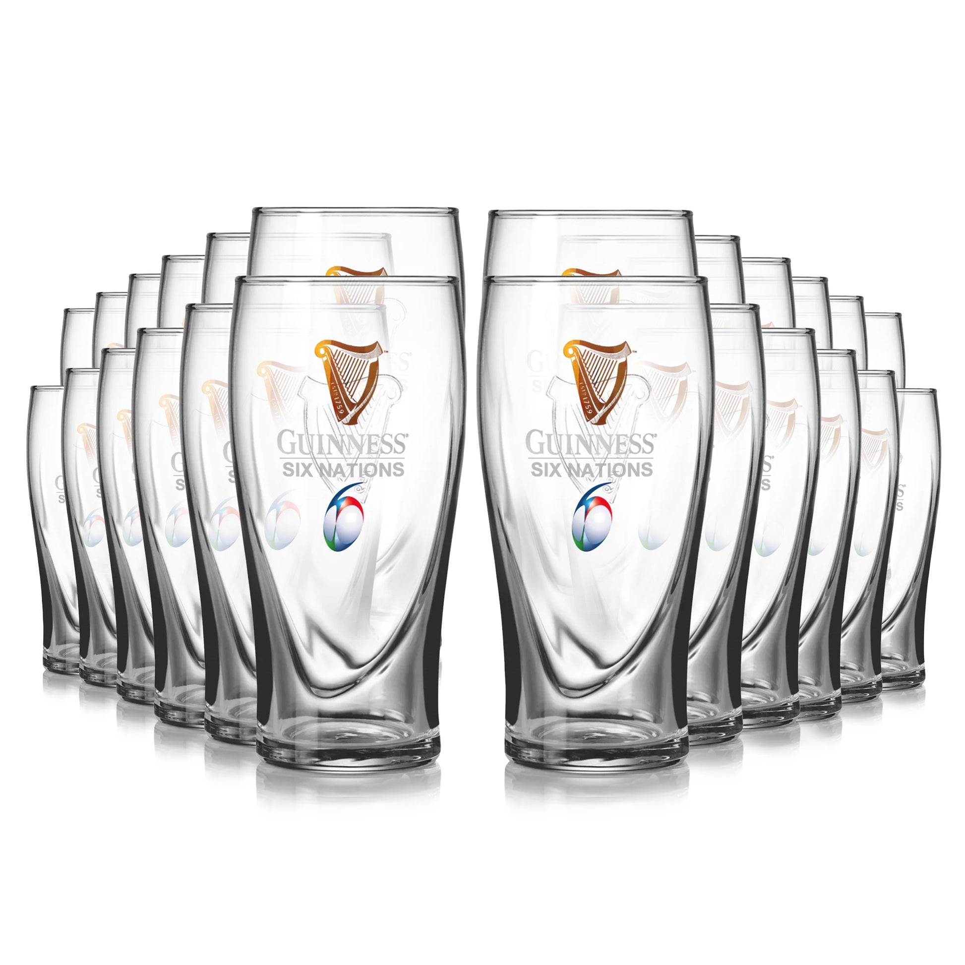 A 24-pack of clear Guinness Six Nations pint glasses from Guinness Webstore US, arranged in four staggered rows on a white background—ideal for any rugby enthusiast.
