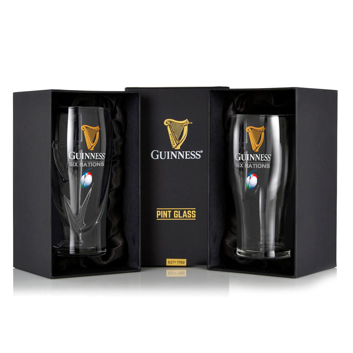 The Guinness Webstore US offers the Guinness Six Nations Pint Glass - 2 Pack, featuring tournament logos in black gift boxes with a central "Pint Glass" box—ideal for rugby fans and collectors.