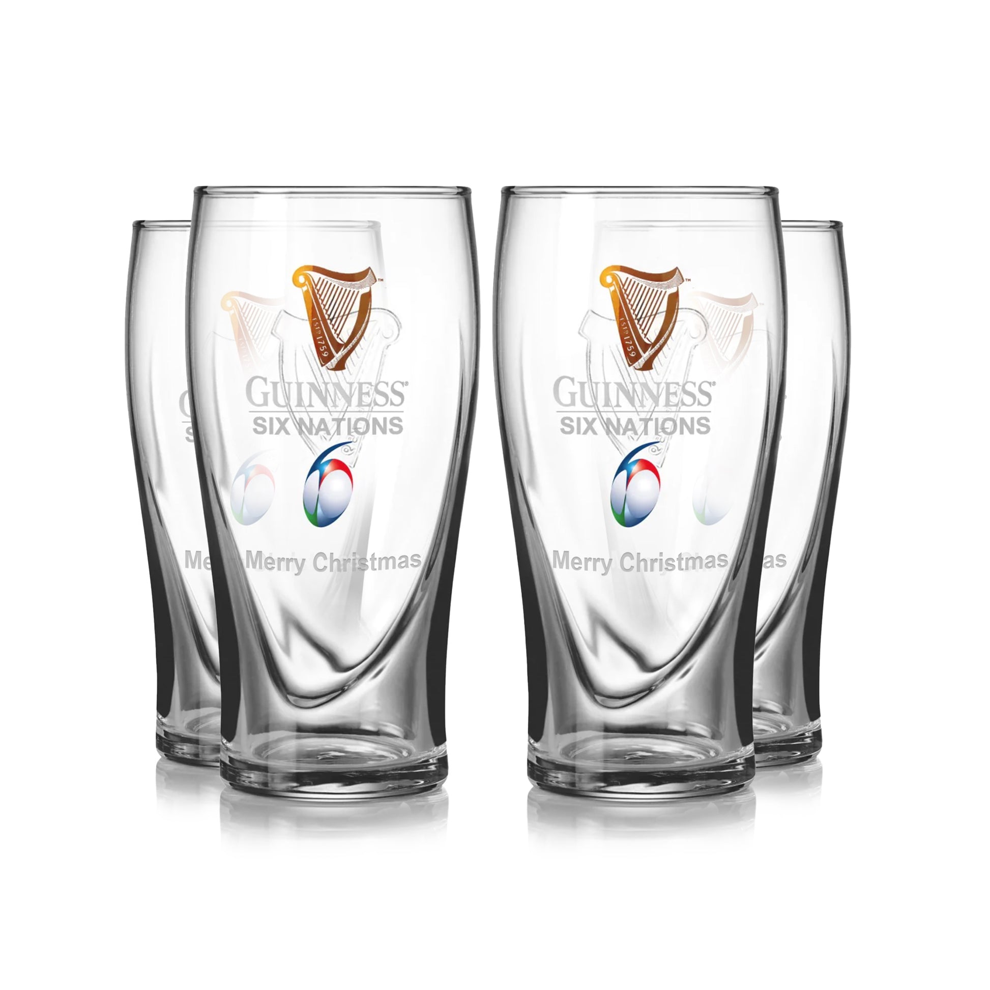 The Guinness Six Nations Pint Glass - 4 Pack from Guinness Webstore US features four clear glasses with the Six Nations logo and "Merry Christmas" text—ideal for rugby fans' matchday celebrations.