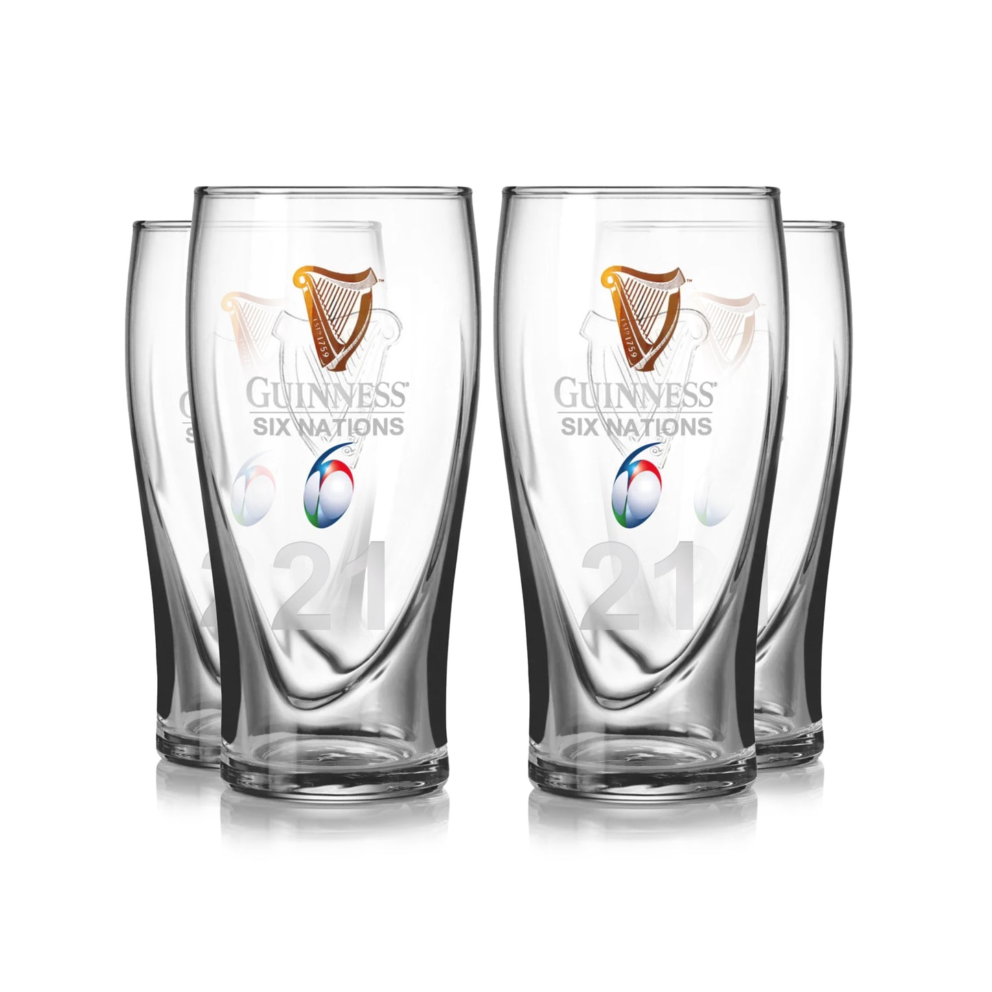 Ideal for rugby fans, the Guinness Six Nations Pint Glass - 4 Pack features clear glasses with official logos and rugby ball graphics—perfect for matchday celebrations. Available from Guinness Webstore US. Displayed in two rows on white background.