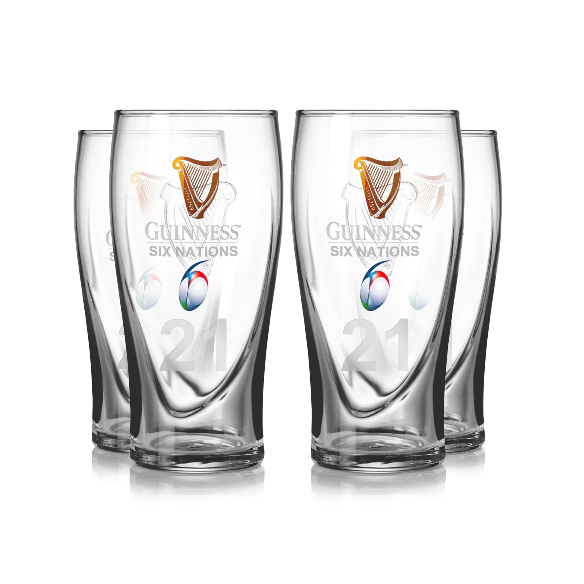 Ideal for rugby fans, the Guinness Six Nations Pint Glass - 4 Pack features clear glasses with official logos and rugby ball graphics—perfect for matchday celebrations. Available from Guinness Webstore US. Displayed in two rows on white background.