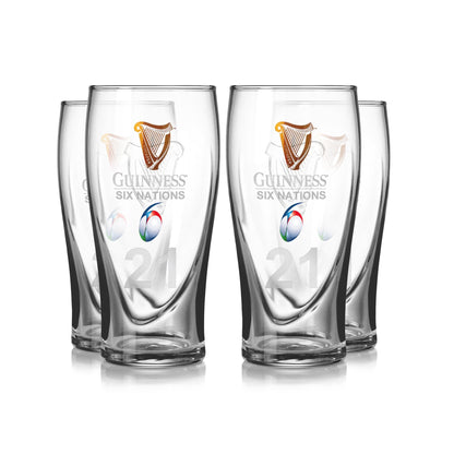 Ideal for rugby fans, the Guinness Six Nations Pint Glass - 4 Pack features clear glasses with official logos and rugby ball graphics—perfect for matchday celebrations. Available from Guinness Webstore US. Displayed in two rows on white background.
