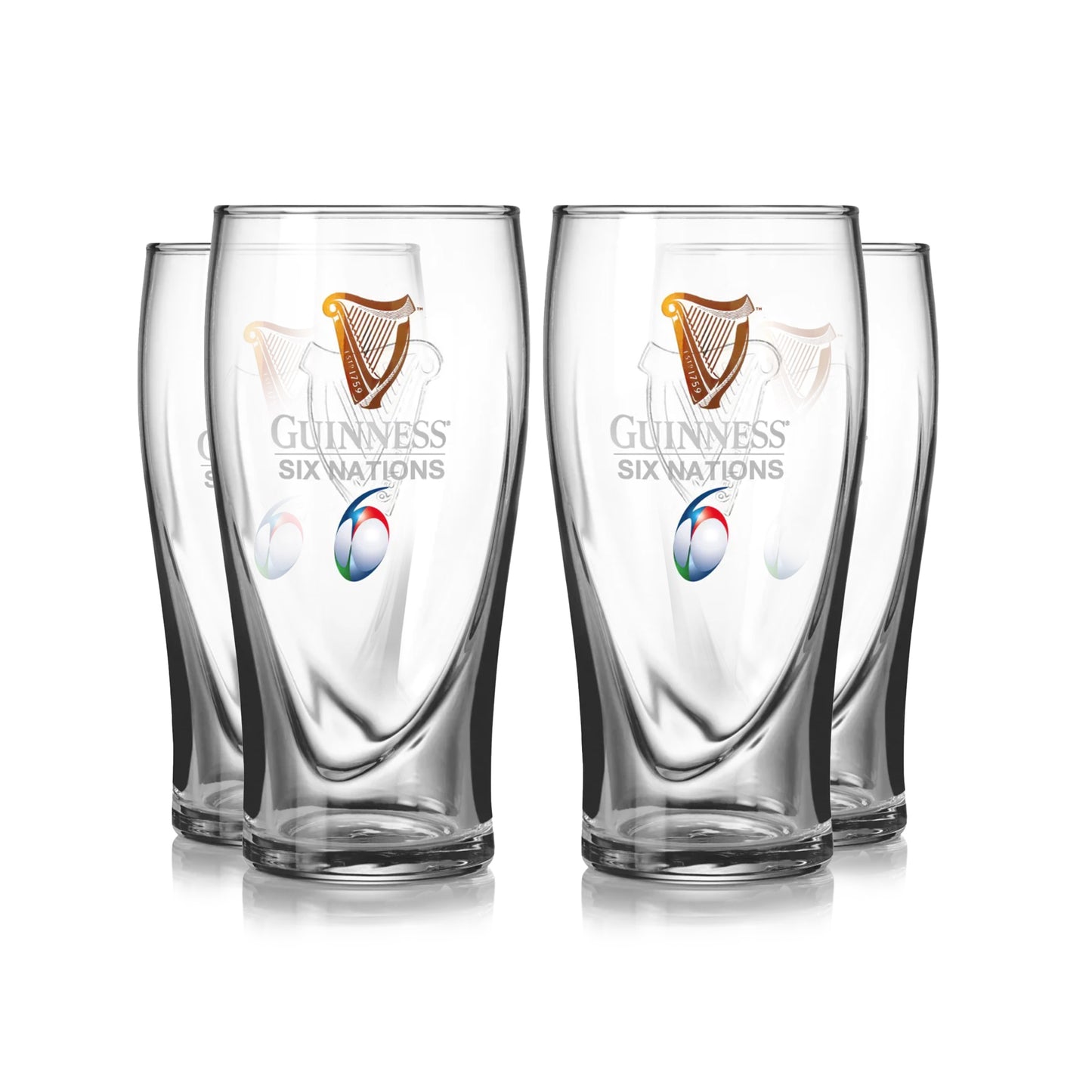 The Guinness Six Nations Pint Glass - 4 Pack from Guinness Webstore US includes four clear glasses with the official Six Nations logo—ideal for any rugby fan’s matchday celebration.