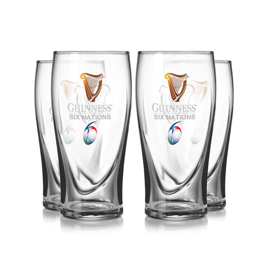 The Guinness Six Nations Pint Glass - 4 Pack from Guinness Webstore US includes four clear glasses with the official Six Nations logo—ideal for any rugby fan’s matchday celebration.