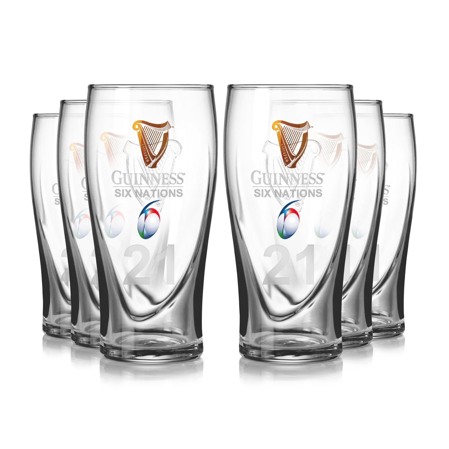The Guinness Six Nations Pint Glass - 6 Pack from Guinness Webstore US features six clear pint glasses with rugby and Six Nations logos, number 21, ideal for rugby fans. Glasses are arranged in two rows on a white background.