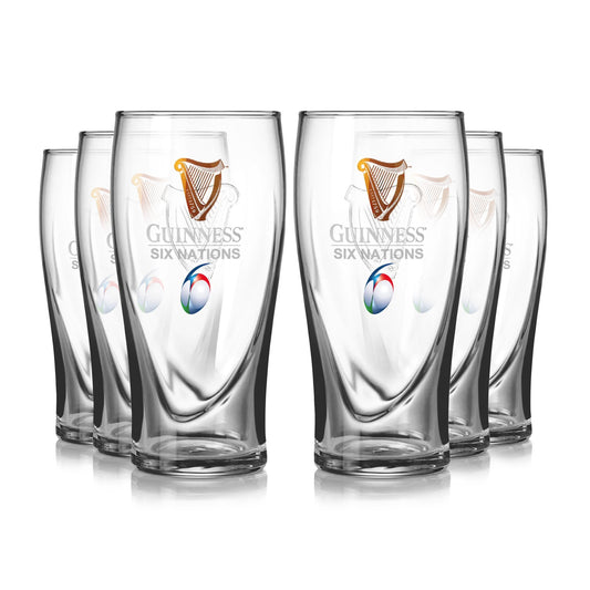 The Guinness Six Nations Pint Glass - 6 Pack from Guinness Webstore US features six clear pint glasses with official logos—a perfect set for any rugby fan.