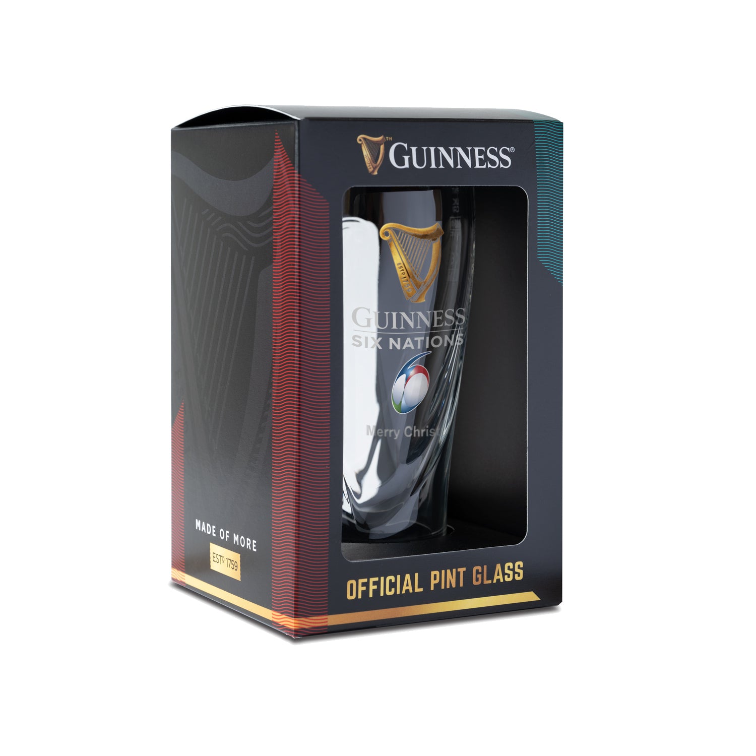The Guinness Six Nations Pint Glass from Guinness Webstore US showcases the classic Harp Logo and comes in a black display box with gold and colored details—perfect as a keepsake for rugby fans.