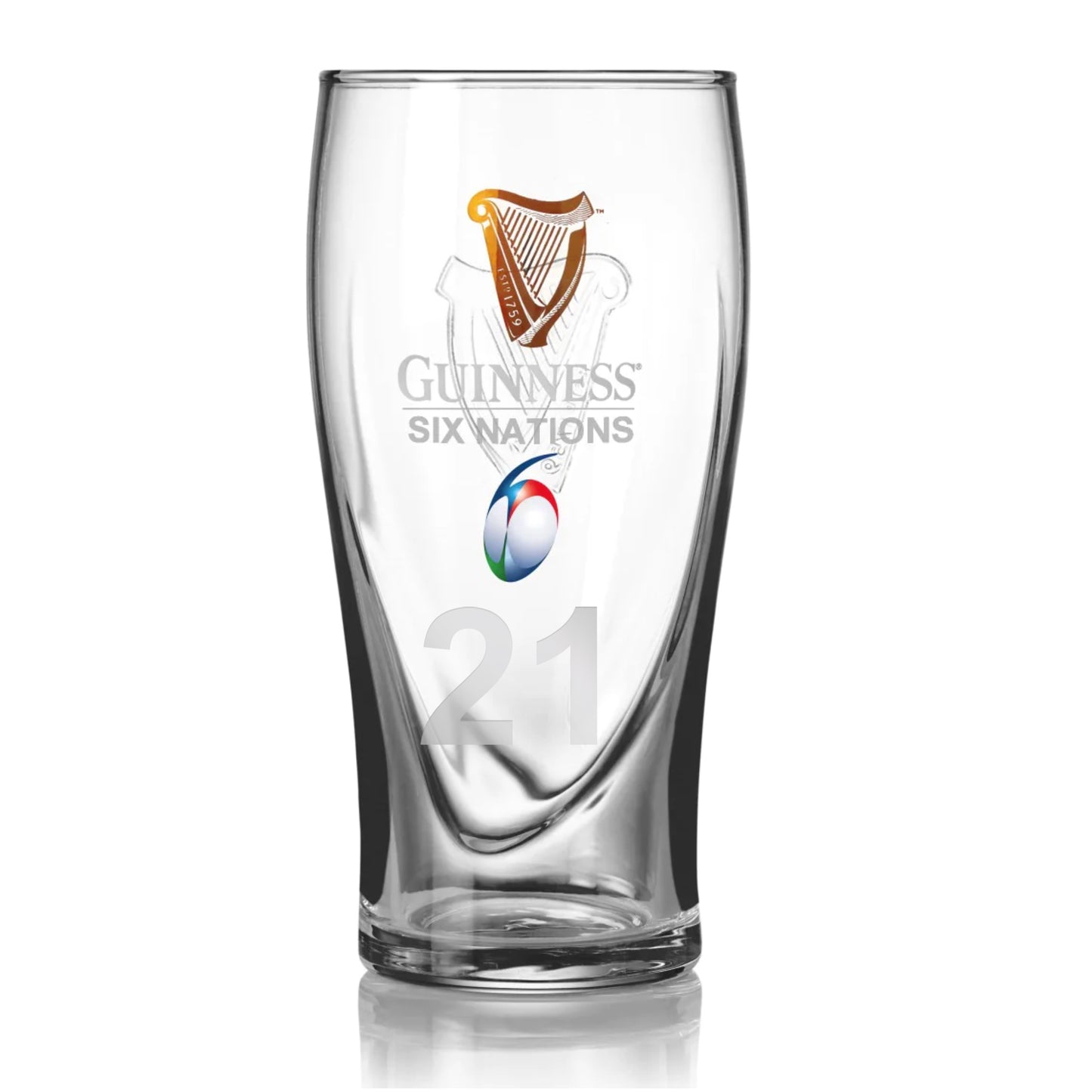 The Guinness Six Nations Pint Glass from Guinness Webstore US features the classic Guinness Harp Logo, the tournament emblem, and a gold harp with the number 21 etched near the base—perfect for rugby fans.