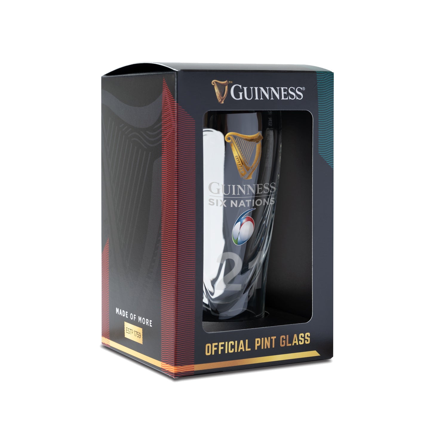 The Guinness Six Nations Pint Glass from Guinness Webstore US features the tournament logo, iconic Harp logo, and "Made of More" slogan in branded packaging—an ideal collectible for rugby fans.