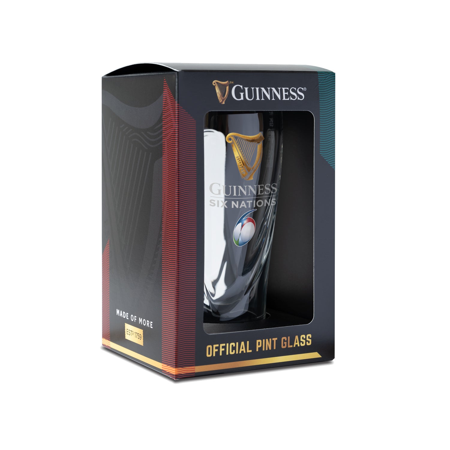 The Guinness Six Nations Pint Glass from Guinness Webstore US comes boxed with the iconic Harp Logo and branded packaging, making it an ideal gift for any rugby fan.