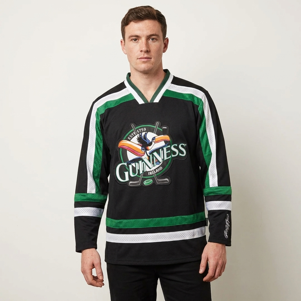 A man stands against a plain background wearing the Guinness Toucan Hockey Jersey in black and green, featuring a striking toucan logo on the front—a distinctive piece from Guinness.