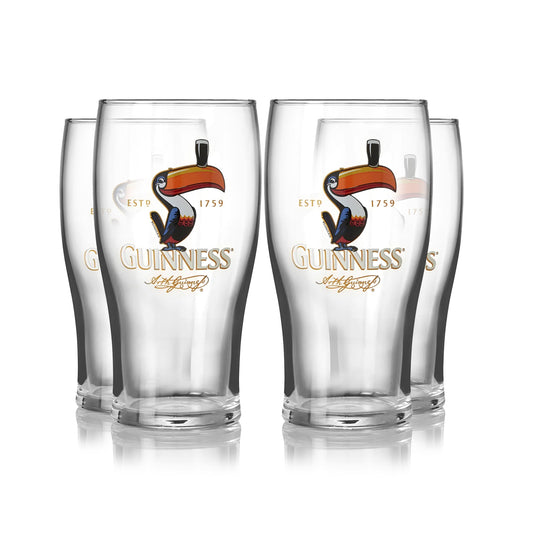 Four Guinness Toucan Pint Glasses, perfect for Guinness lovers.
