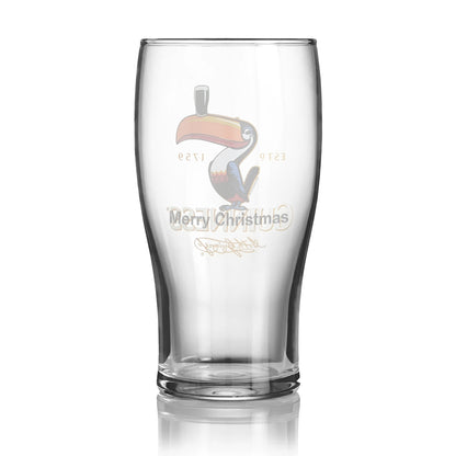 This 20 oz Guinness Toucan Pint Glass features the iconic toucan balancing a pint on its beak with festive "Merry Christmas" text.