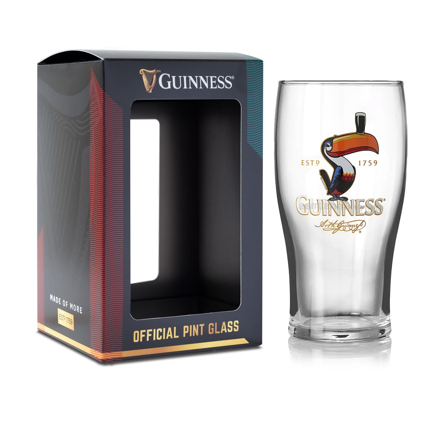 The Guinness Toucan Pint Glass showcases a decorative logo and retro flair with the classic Guinness Toucan, complete with branded packaging.