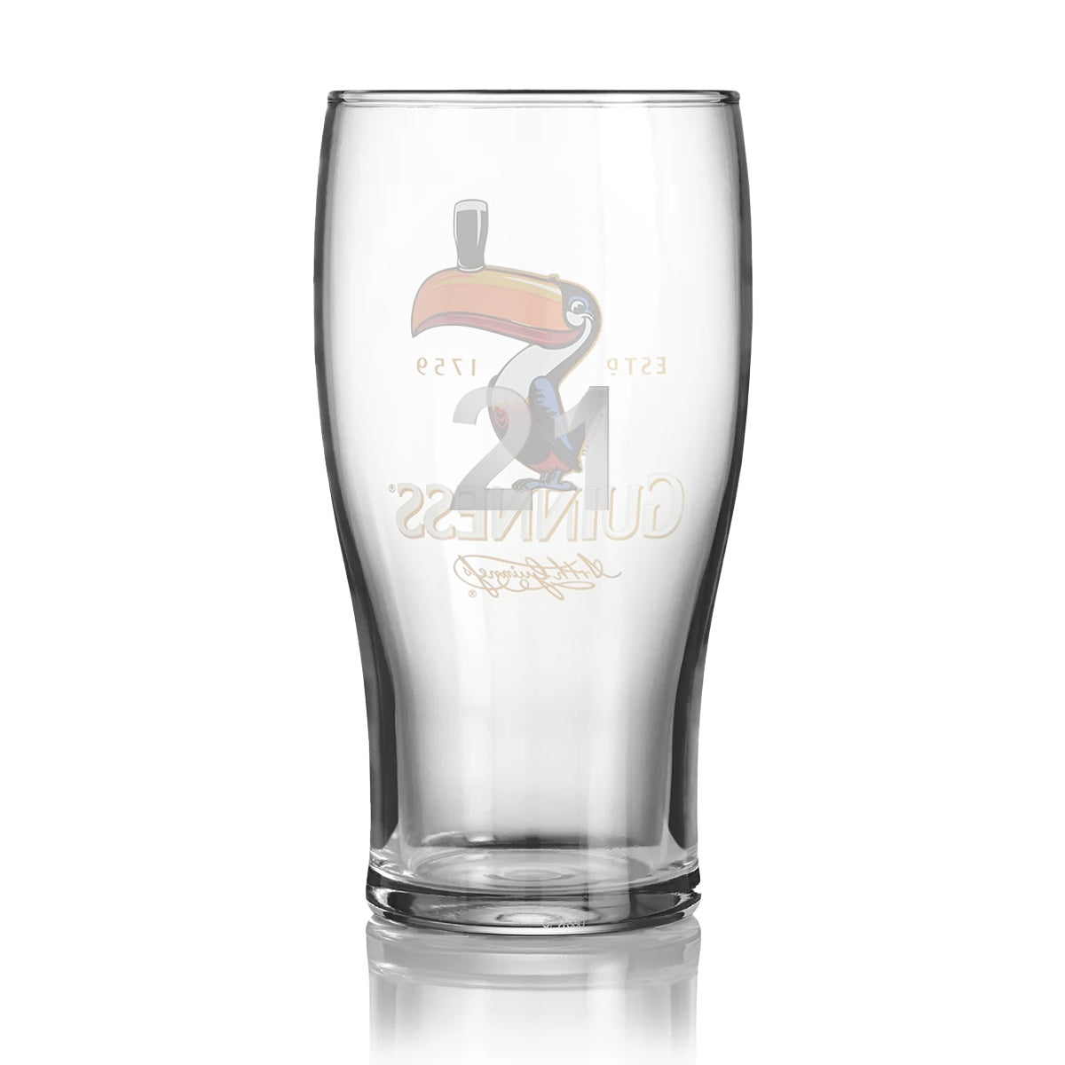 The Guinness Toucan Pint Glass showcases the iconic logo and harp in white and gold, reflecting the classic designs linked to the beloved Guinness Toucan, a legendary emblem of brewery history.