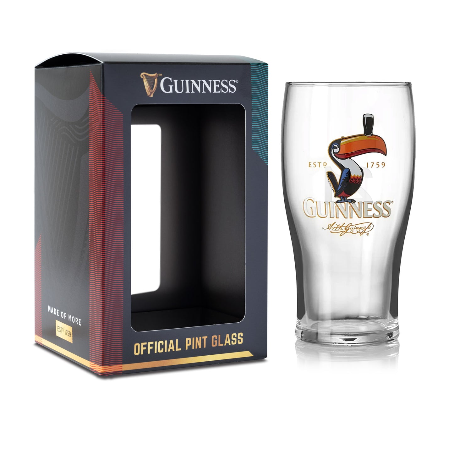 A Guinness Toucan Pint Glass, featuring the iconic toucan design, is showcased next to its branded box.