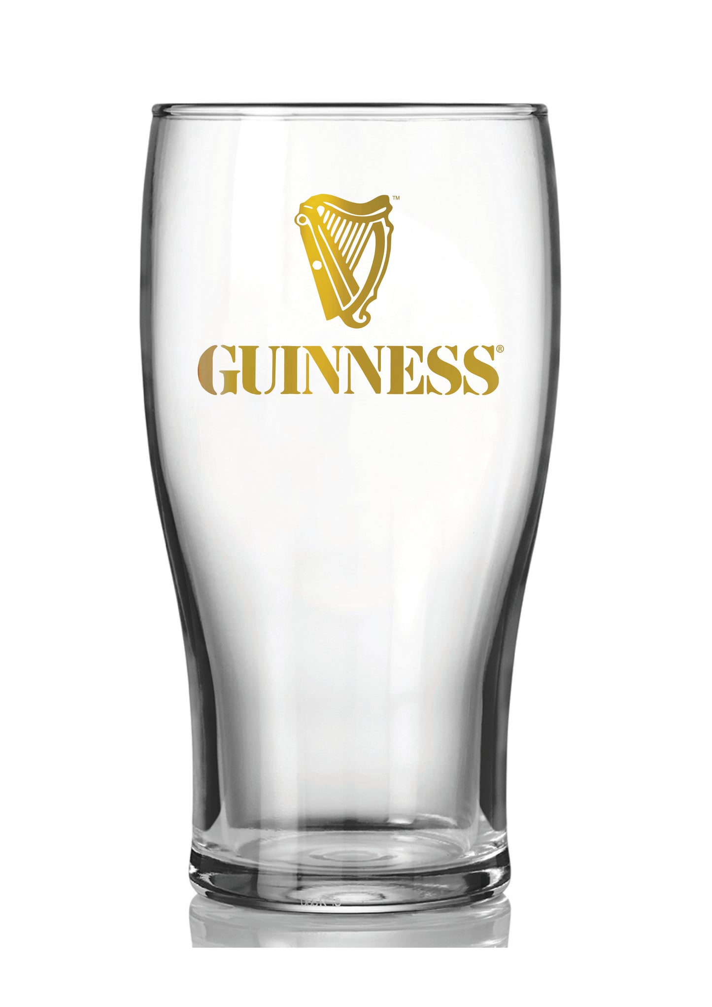 Showcasing the Guinness Vintage Gold Harp Pint Glass from Guinness Webstore US, this clear pint glass features a striking gold Guinness logo and harp design on the front. Photographed against a white background, it’s an ideal piece of vintage Guinness barware for collectors and devoted fans alike.