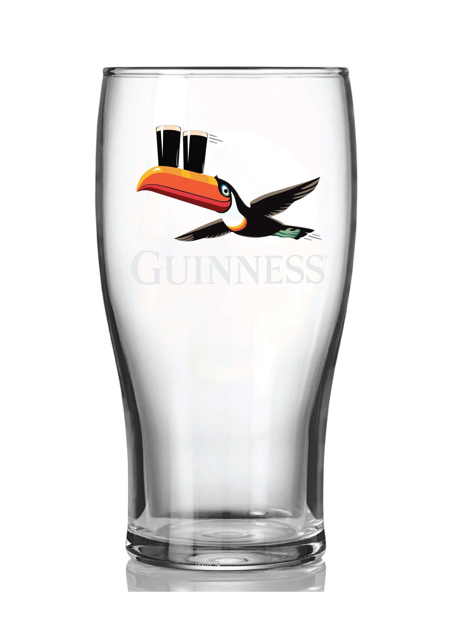 The Guinness Mixed Pint Glass Gift Set from Guinness Webstore US features a clear pint glass with a toucan graphic holding two pints on its beak—ideal for Irish beer fans and collectors. Shown against a white background.