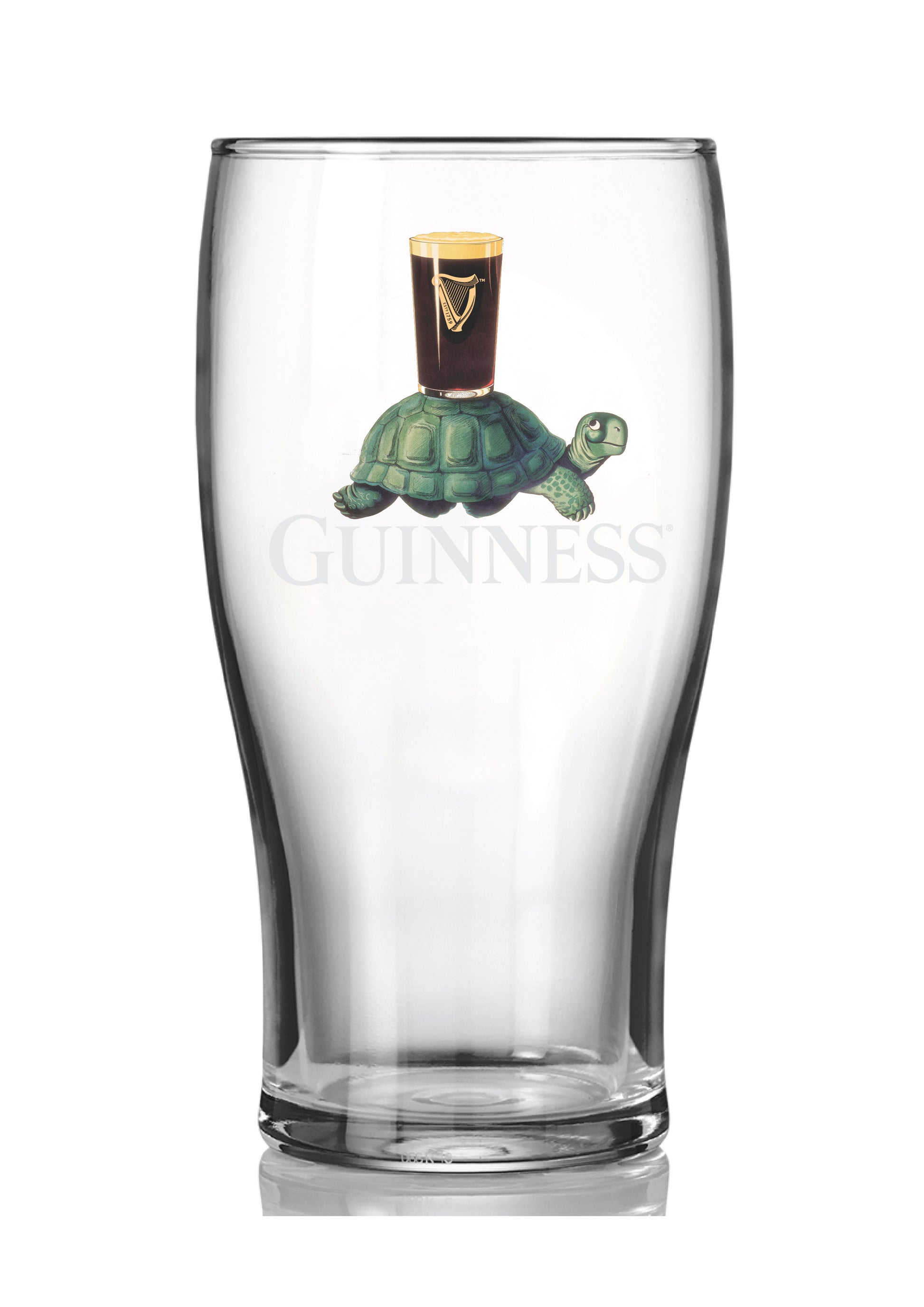The Guinness Collectors Edition Pint Glass Set from Guinness Webstore US features a clear glass with a playful turtle illustration carrying dark beer and "Guinness" text—a charming nod to Irish heritage.
