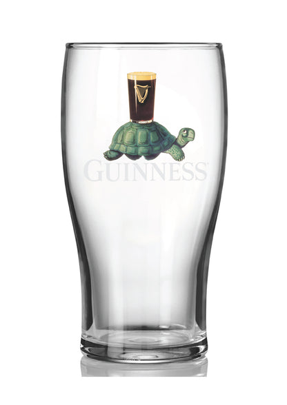 The Guinness Collectors Edition Pint Glass Set from Guinness Webstore US features a clear glass with a playful turtle illustration carrying dark beer and "Guinness" text—a charming nod to Irish heritage.