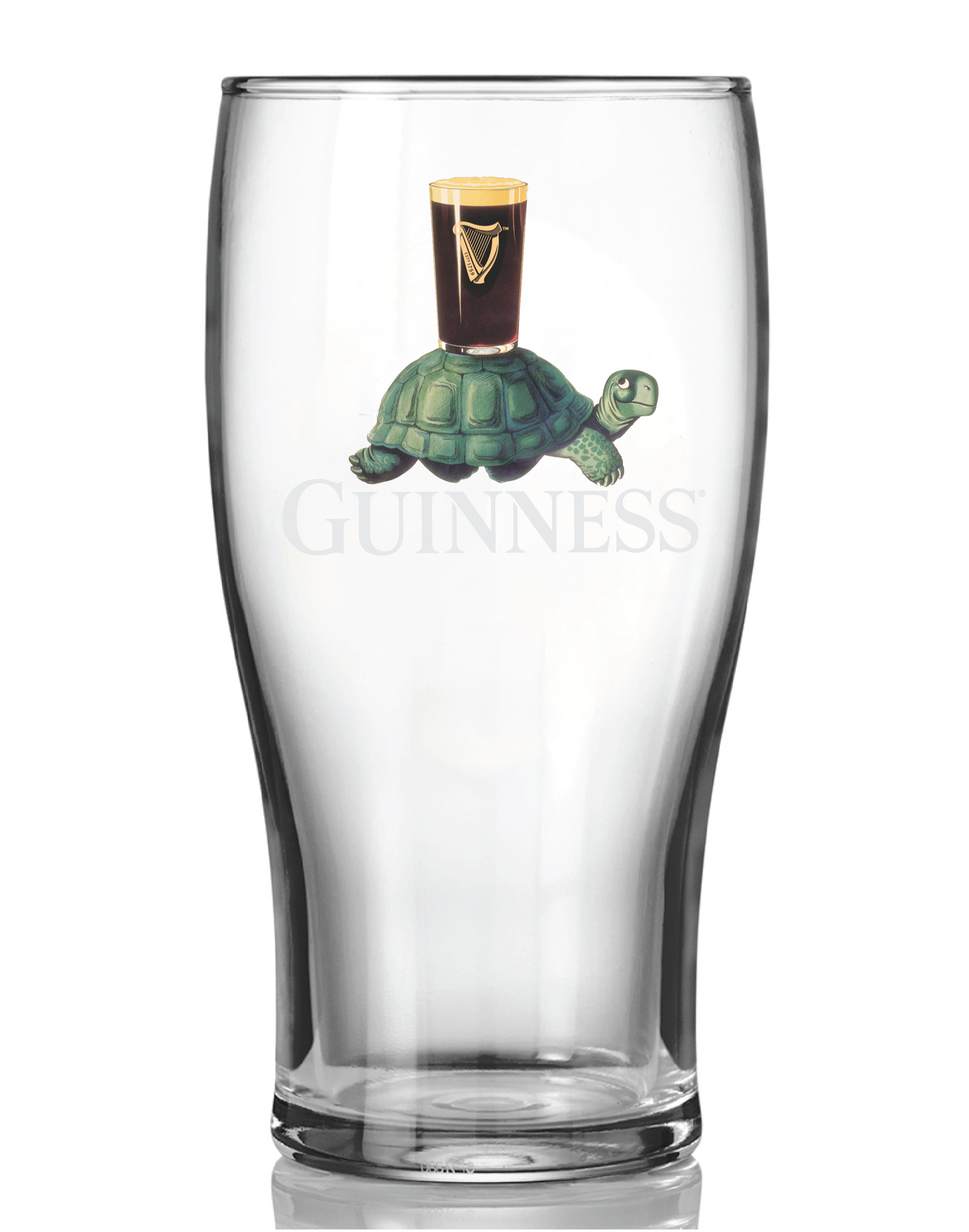 The Guinness Gilroy Tortoise Pint Glass from Guinness Webstore US features the iconic tortoise with a pint on its shell and "Guinness" below—a perfect addition to any Guinness collection.