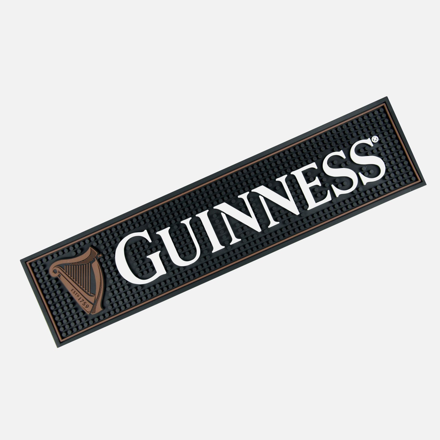 Add a touch of authenticity to your home bar with the Guinness Perfect Pour Bundle from Guinness Webstore US: a rectangular black textured bar mat featuring bold white “GUINNESS” text and the signature gold harp logo—ideal for displaying under any pint glass.