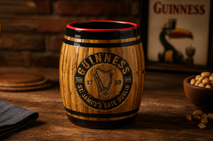 A Guinness Barrel Shot Glass from the Guinness Webstore US sits on a table beside a framed Guinness sign, a bowl of peanuts, and a ceramic mug styled like a wooden barrel—making it the perfect Irish souvenir for any fan of the iconic brew.