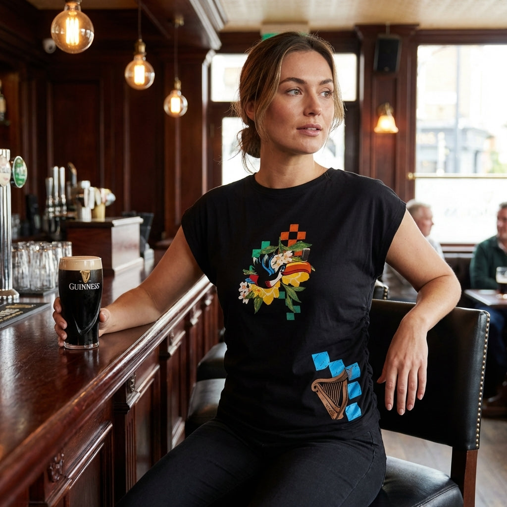 Guinness Toucan Ruched Ladies Black Tee | Women's Fitted Cotton T