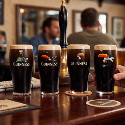 Four pints poured into limited-edition glasses from the Guinness Party Pack — 4 Pint Glass Bundle by Guinness Webstore US, each featuring a vintage animal-themed logo, are arranged on a wooden bar counter with people seated in the background.