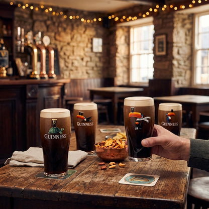 Four pints of Guinness, each poured into a glass from the Guinness Party Pack — 4 Pint Glass Bundle by Guinness Webstore US, sit on a wooden table in a cozy pub. A hand holds one of the limited-edition pint glasses while a bowl of mixed nuts sits nearby.