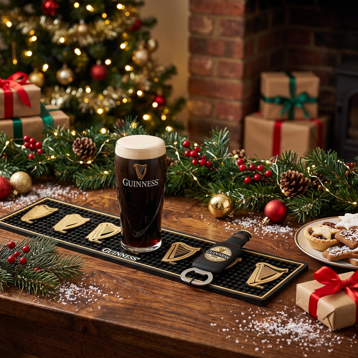 A Guinness Perfect Pour Holiday Gift Set featuring a pint glass of dark stout with a creamy head, a bottle opener, and a harp-logo bar mat on a decorated wooden table.