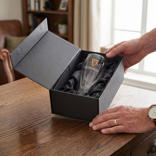 A person opens the Guinness Webstore US Guinness Pint Glass Luxury Gift Box on a wooden table, unveiling a pint glass featuring the iconic Guinness harp logo, with a softly lit room in the background.