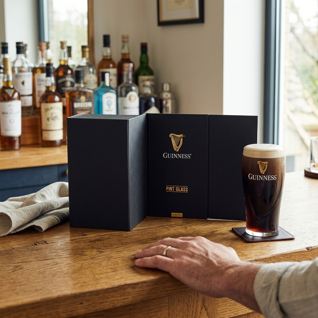 A pint of Guinness rests on a coaster atop a wooden bar beside the sleek black Guinness Pint Glass Luxury Gift Box from the Guinness Webstore US, proudly featuring the iconic harp logo. In the background, liquor bottles and a towel can be seen, while someone’s hand is casually placed on the bar.