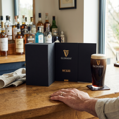 A pint of Guinness rests on a coaster atop a wooden bar beside the sleek black Guinness Pint Glass Luxury Gift Box from the Guinness Webstore US, proudly featuring the iconic harp logo. In the background, liquor bottles and a towel can be seen, while someone’s hand is casually placed on the bar.
