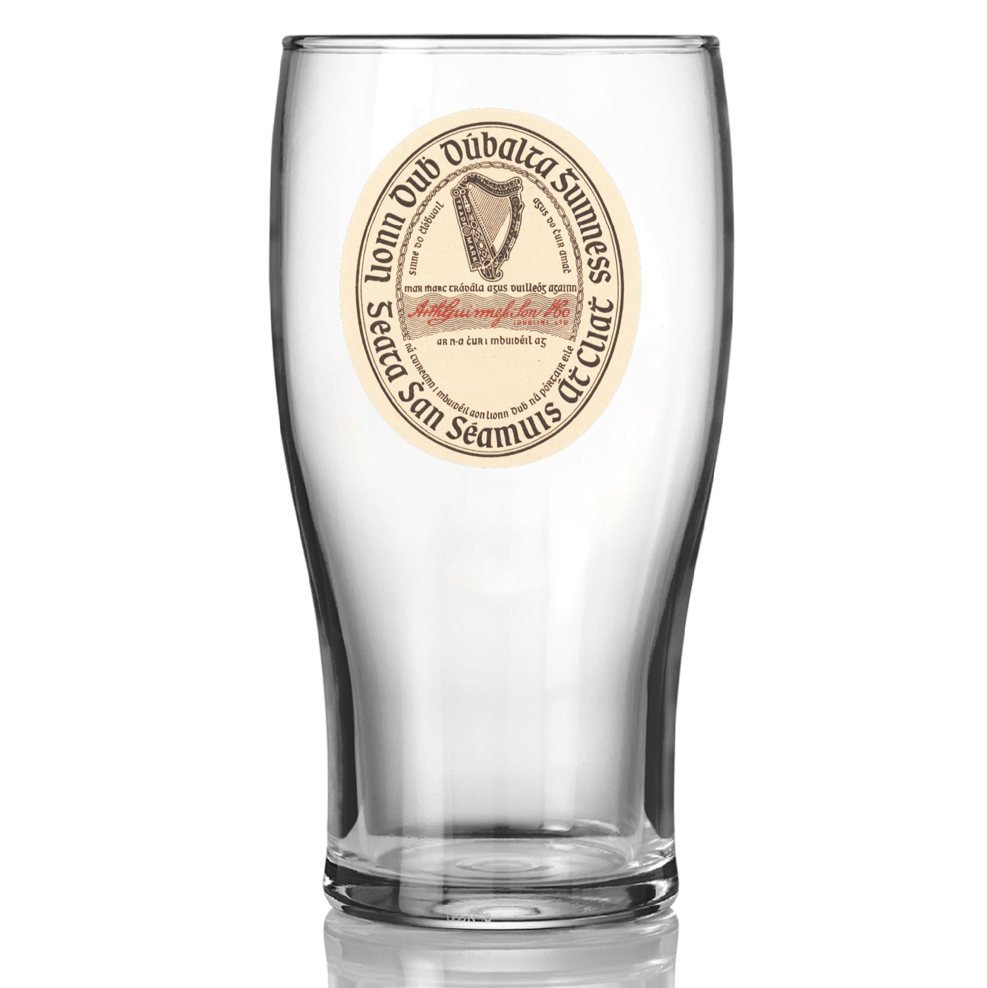The Guinness Vintage Label Pint Glass from Guinness Webstore US features a clear pint design with a vintage Guinness label printed on the front.