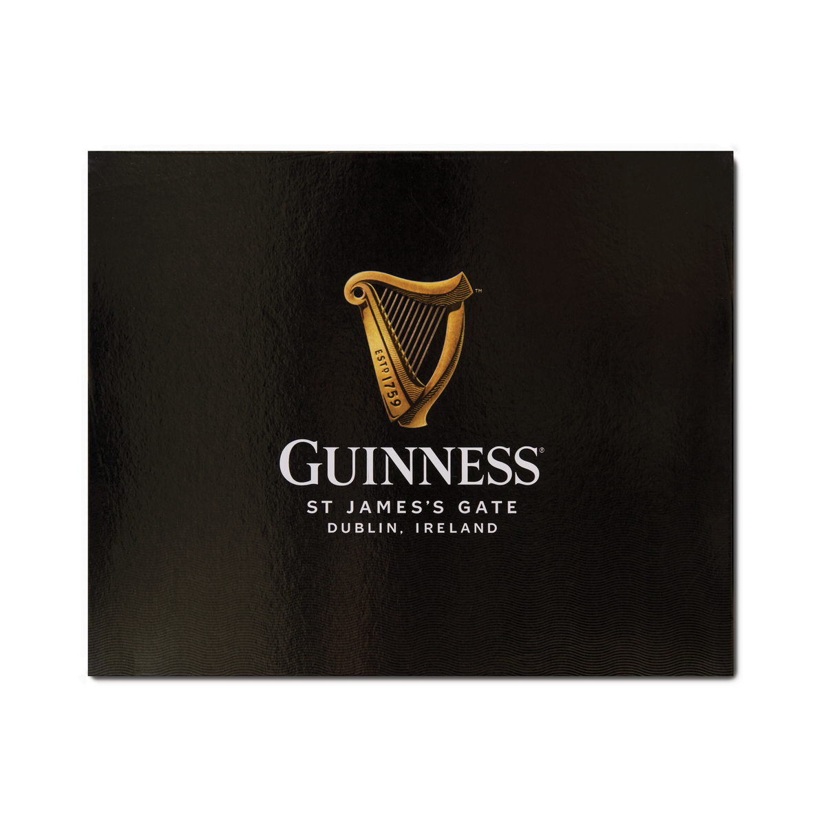 Guinness Gift Box - Medium, a black premium gift box featuring a gold harp logo and the text “Guinness, St James’s Gate, Dublin, Ireland.”
