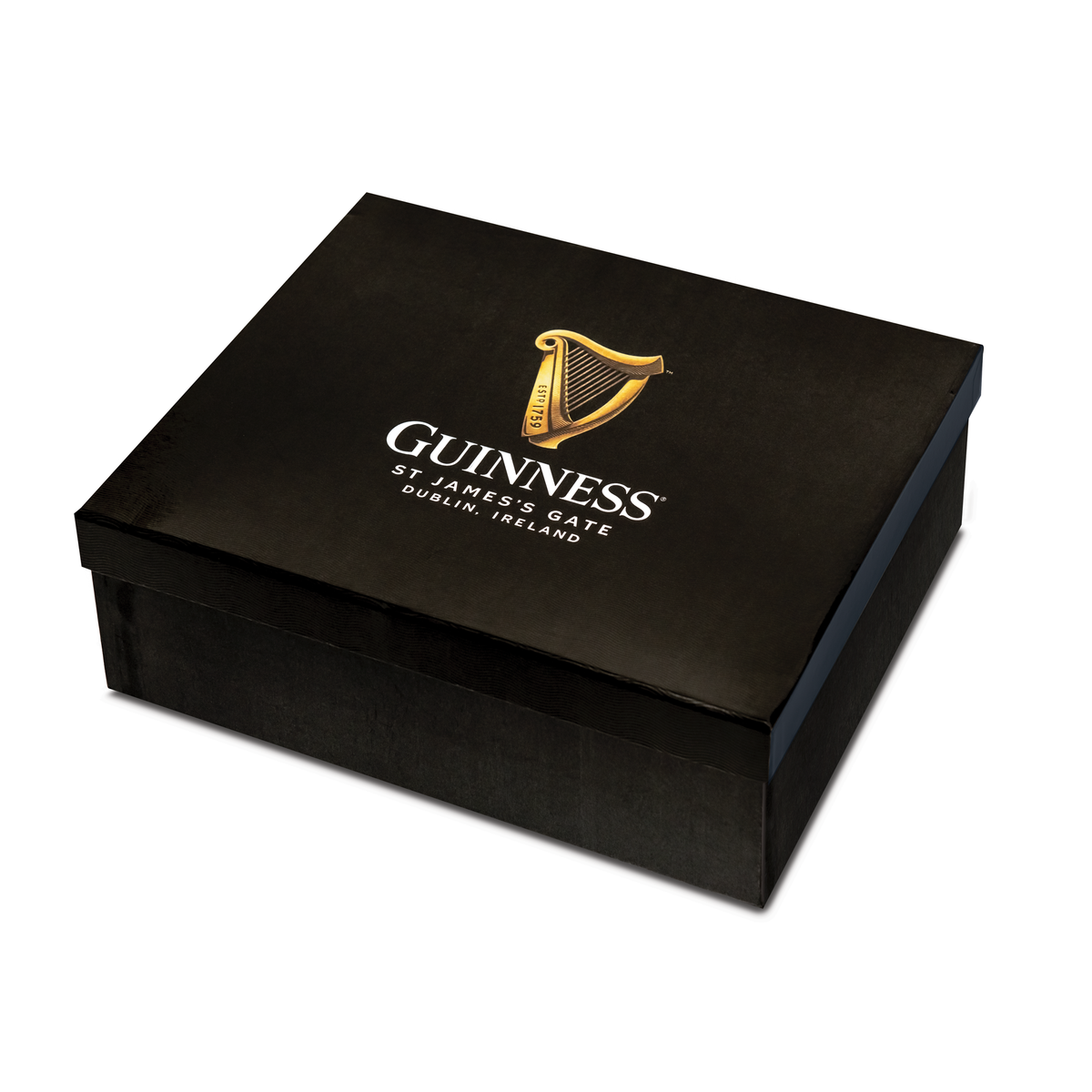 Black rectangular Guinness Gift Box - Medium featuring a gold harp logo and the text “Guinness St. James’s Gate Dublin, Ireland” on the lid.